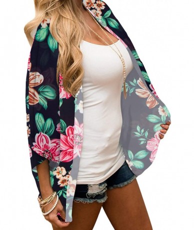 Cover-Ups Women's Floral Print Kimono Sheer Chiffon Loose Cardigan - 02-navy Blue Floral - C619CZNEZZZ $28.48