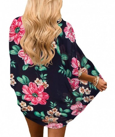 Cover-Ups Women's Floral Print Kimono Sheer Chiffon Loose Cardigan - 02-navy Blue Floral - C619CZNEZZZ $28.48