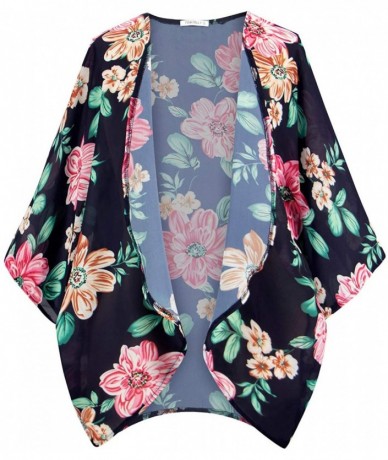 Cover-Ups Women's Floral Print Kimono Sheer Chiffon Loose Cardigan - 02-navy Blue Floral - C619CZNEZZZ $28.48