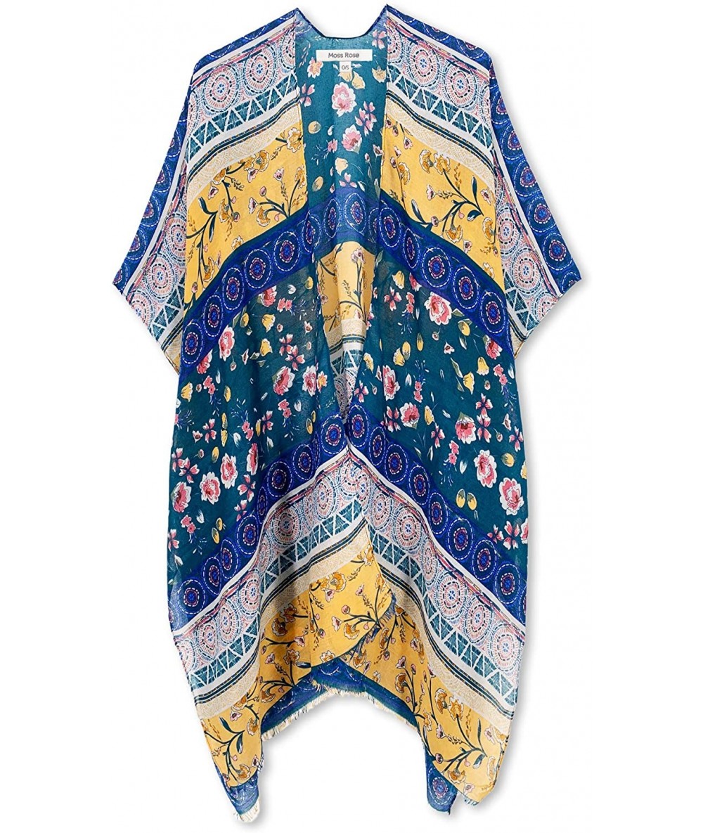 Cover-Ups Women's Beach Cover up Swimsuit Kimono Cardigan with Bohemian Floral Print - B Sapphire - CG197NNY9OT $43.43