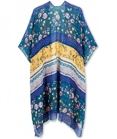 Cover-Ups Women's Beach Cover up Swimsuit Kimono Cardigan with Bohemian Floral Print - B Sapphire - CG197NNY9OT $43.43