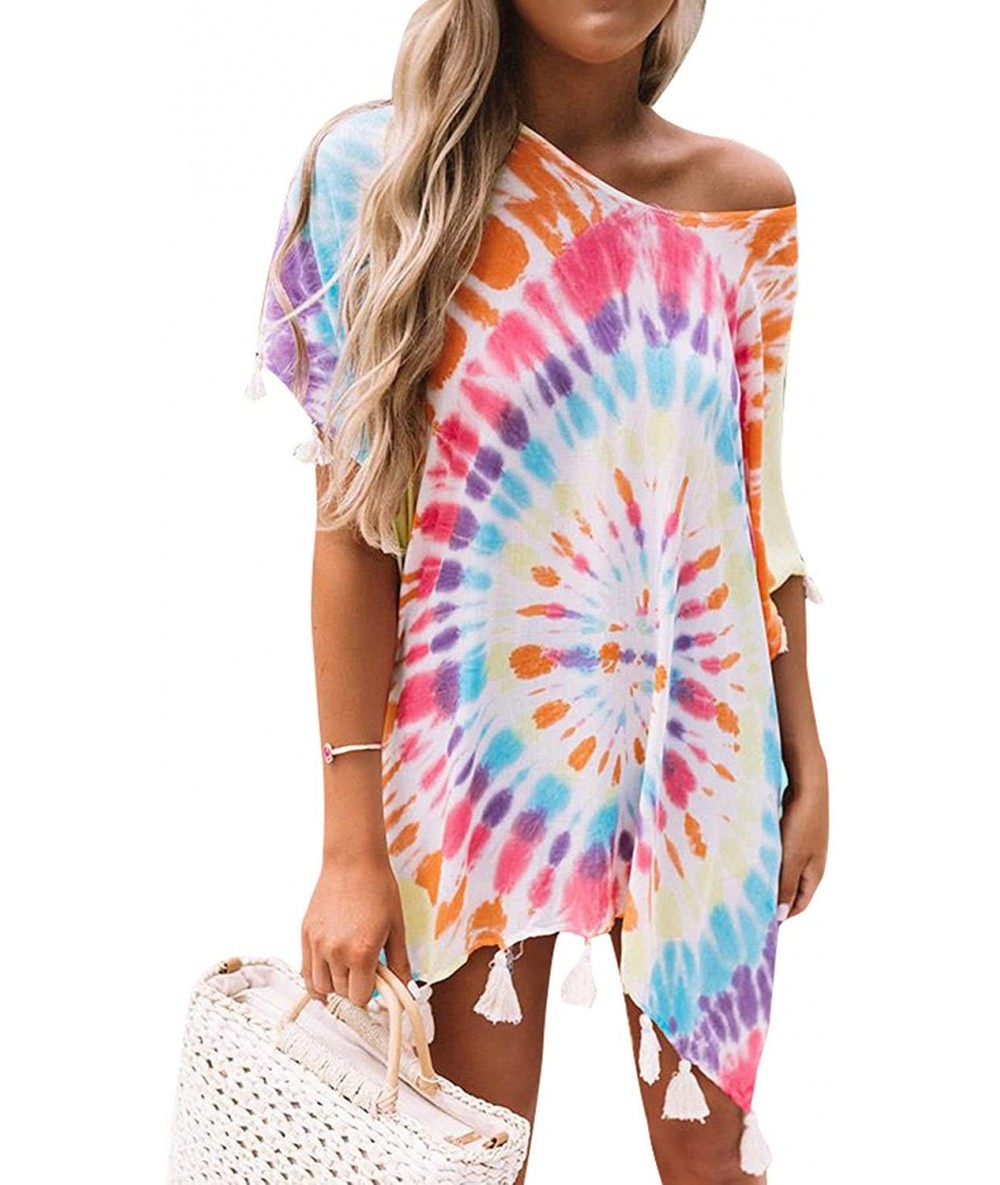 Cover-Ups Women's Casual V Neck Short Sleeve Rainbow Swirl Tie Dye Printed Tassel Trim Loose Beach Dress Cover Up Multicolor ...