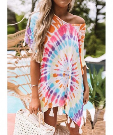 Cover-Ups Women's Casual V Neck Short Sleeve Rainbow Swirl Tie Dye Printed Tassel Trim Loose Beach Dress Cover Up Multicolor ...