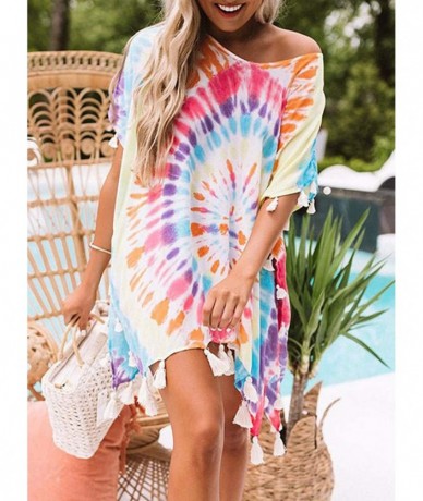 Cover-Ups Women's Casual V Neck Short Sleeve Rainbow Swirl Tie Dye Printed Tassel Trim Loose Beach Dress Cover Up Multicolor ...