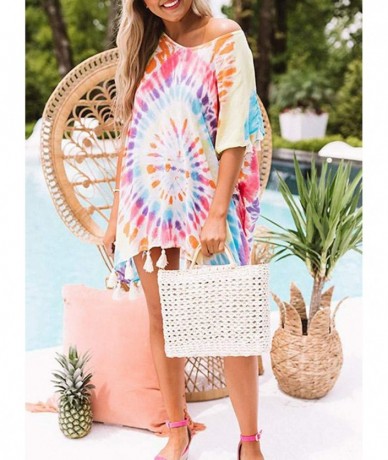 Cover-Ups Women's Casual V Neck Short Sleeve Rainbow Swirl Tie Dye Printed Tassel Trim Loose Beach Dress Cover Up Multicolor ...