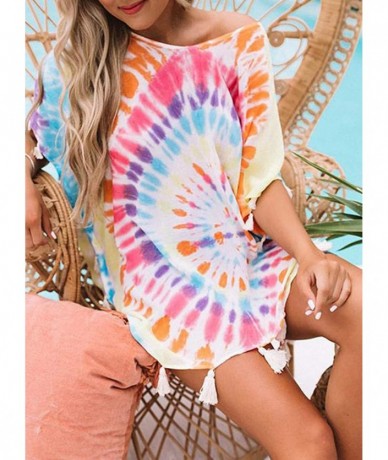 Cover-Ups Women's Casual V Neck Short Sleeve Rainbow Swirl Tie Dye Printed Tassel Trim Loose Beach Dress Cover Up Multicolor ...