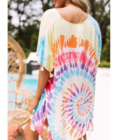 Cover-Ups Women's Casual V Neck Short Sleeve Rainbow Swirl Tie Dye Printed Tassel Trim Loose Beach Dress Cover Up Multicolor ...