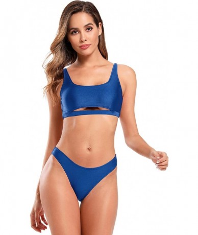 Sets Women's Sexy Scoop Neck Crop Top Bikini Cutout Strappy Two Piece Swimsuits - Sapphire Blue - CD18AHCHLWT $45.41