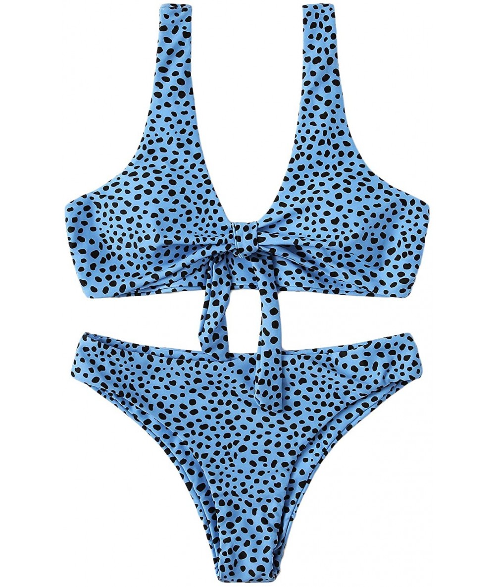 Sets Women's Sexy Bikini Swimsuit Tie Knot Front Leopard Print Swimwear Set - Leoprad-blue - C318R2H0XLM $43.42