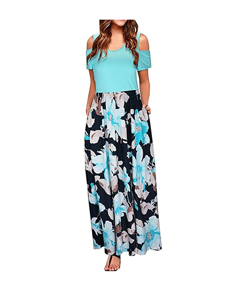 Cover-Ups Women's Dresses Short Sleeve Loose Floral Print Maxi Dresses Casual Cold Shoulder Long Dresses with Pockets Green -...