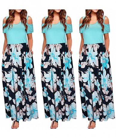 Cover-Ups Women's Dresses Short Sleeve Loose Floral Print Maxi Dresses Casual Cold Shoulder Long Dresses with Pockets Green -...