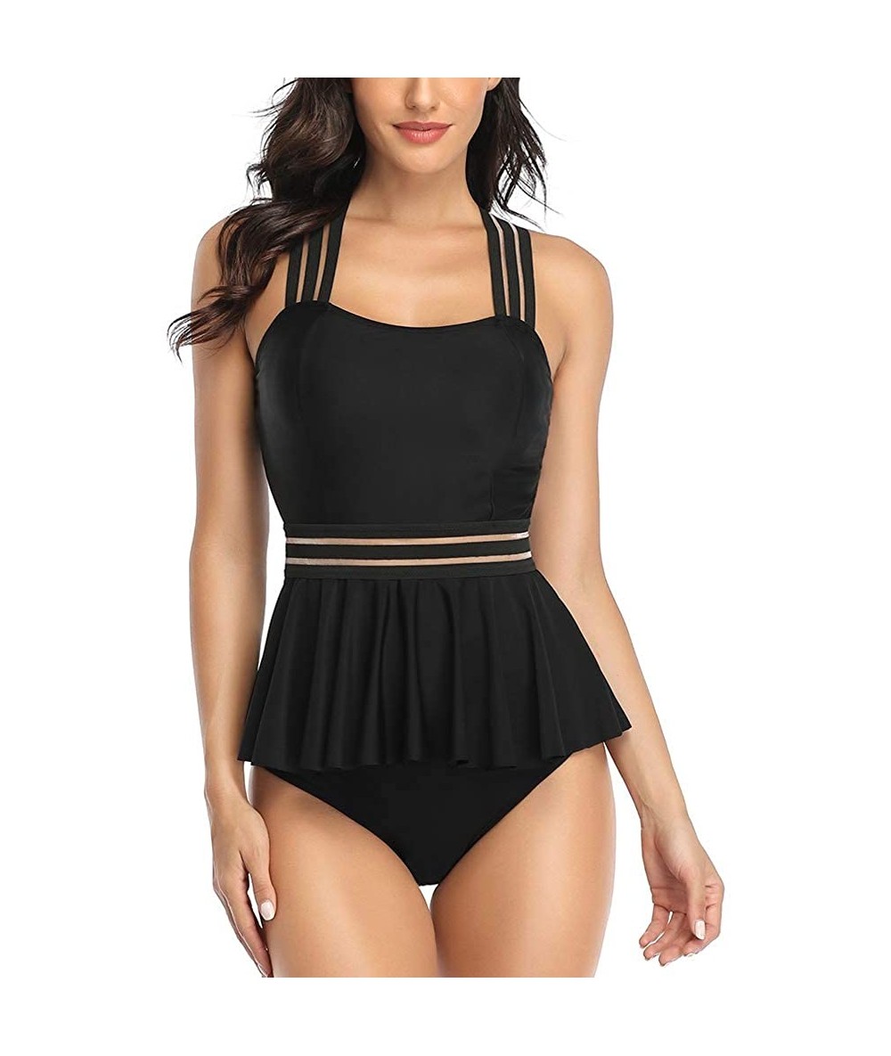 Sets Women's High Waisted Swimsuits Bikini 2PCS Bandage Strap Bathing Suit - Black - C119774L7IE $44.19