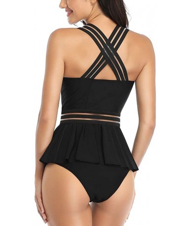 Sets Women's High Waisted Swimsuits Bikini 2PCS Bandage Strap Bathing Suit - Black - C119774L7IE $44.19