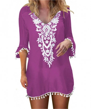 Cover-Ups Cover Ups for Swimwear Women's Lace Crochet Chiffon Beach Swimsuit Coverups Tunic - Purple - CI18TGENNEM $32.57