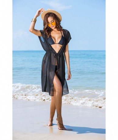 Cover-Ups Women's Summer Bikini Cover Up Sexy Sheer Swimwear Long Chiffon Beach Dress - Black - CF18CX8YC9E $33.76