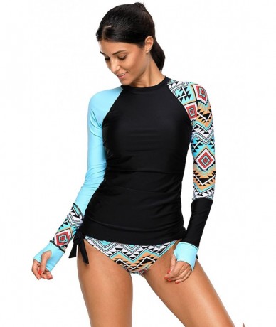 Rash Guards Women's Two Piece Long Sleeve Rash Guard Tankini Swimsuit Surfing Wet Suit - Black+aque Blue - CQ189SM7LDH $48.60