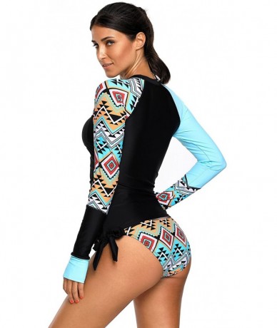 Rash Guards Women's Two Piece Long Sleeve Rash Guard Tankini Swimsuit Surfing Wet Suit - Black+aque Blue - CQ189SM7LDH $48.60