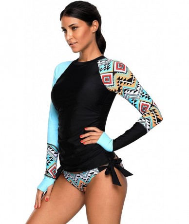 Rash Guards Women's Two Piece Long Sleeve Rash Guard Tankini Swimsuit Surfing Wet Suit - Black+aque Blue - CQ189SM7LDH $48.60