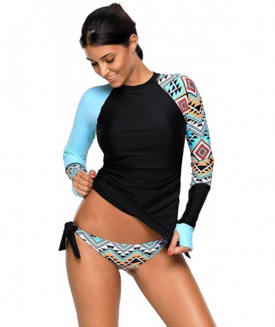 Rash Guards Women's Two Piece Long Sleeve Rash Guard Tankini Swimsuit Surfing Wet Suit - Black+aque Blue - CQ189SM7LDH $48.60