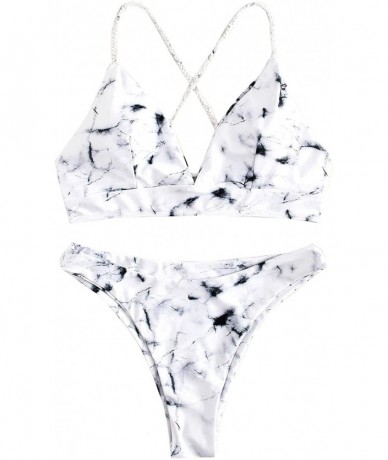 Sets Women's Marble Pattern Criss-Cross Top with High Cut Cheeky Bikini Set Swimsuits - White - CQ196M5SKZ2 $34.55