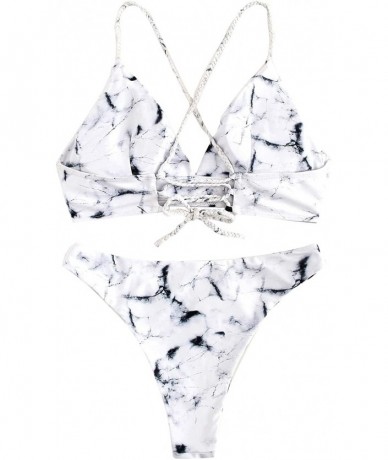 Sets Women's Marble Pattern Criss-Cross Top with High Cut Cheeky Bikini Set Swimsuits - White - CQ196M5SKZ2 $34.55