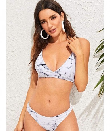 Sets Women's Marble Pattern Criss-Cross Top with High Cut Cheeky Bikini Set Swimsuits - White - CQ196M5SKZ2 $34.55