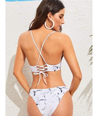 Sets Women's Marble Pattern Criss-Cross Top with High Cut Cheeky Bikini Set Swimsuits - White - CQ196M5SKZ2 $34.55