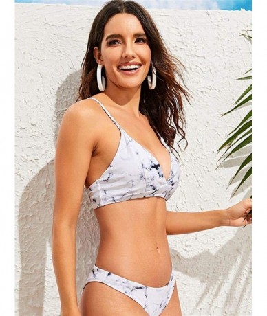 Sets Women's Marble Pattern Criss-Cross Top with High Cut Cheeky Bikini Set Swimsuits - White - CQ196M5SKZ2 $34.55