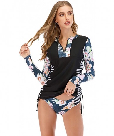 Rash Guards Women's Long Sleeve Rash Guard UV Protection Side Adjustable Swim Shirt Wetsuit Swimsuit Top Black&floral&stripe ...