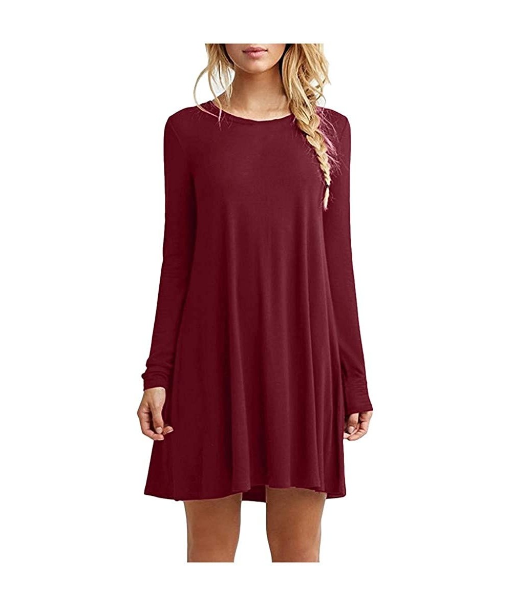 Cover-Ups Dresses for Women Casual Summer Plus Size Long Sleeve Pleated Loose Crew Neck Swing Casual Dress Knee Length Wine -...