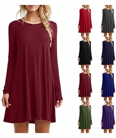 Cover-Ups Dresses for Women Casual Summer Plus Size Long Sleeve Pleated Loose Crew Neck Swing Casual Dress Knee Length Wine -...