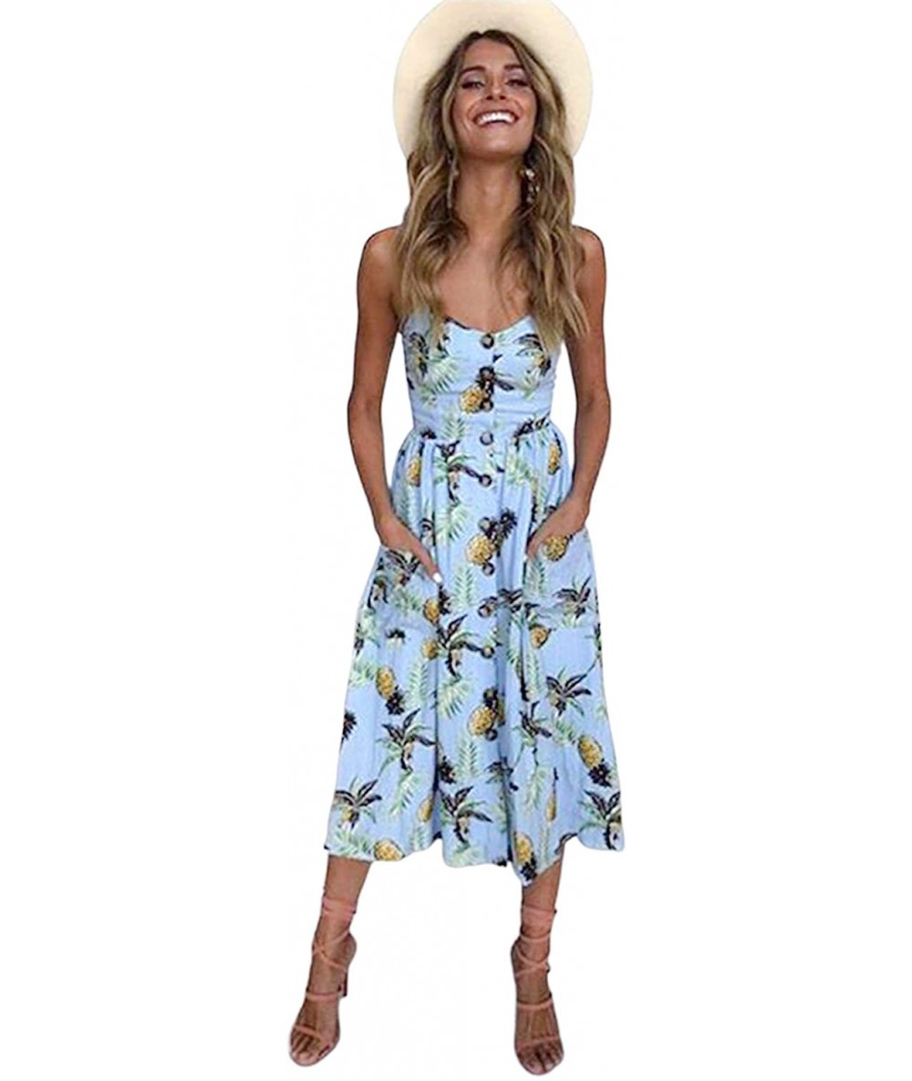 Cover-Ups Women's Casual Summer Floral Bohemian Spaghetti Button Down Dress - Light Blue - CW18U9OYYW0 $34.51