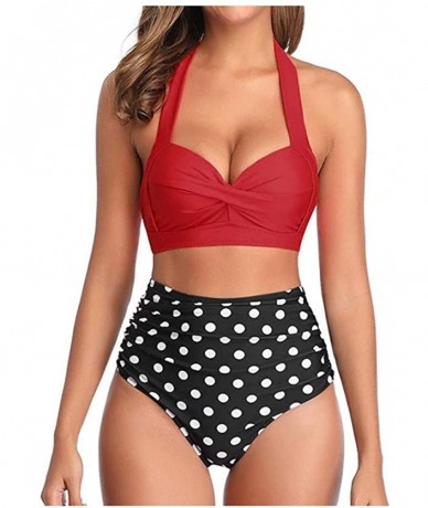 Sets Women Vintage Swimsuit Two Piece Retro Halter Ruched High Waist Print Bikini Set - Red Top Dot - C719429WMUX $81.41