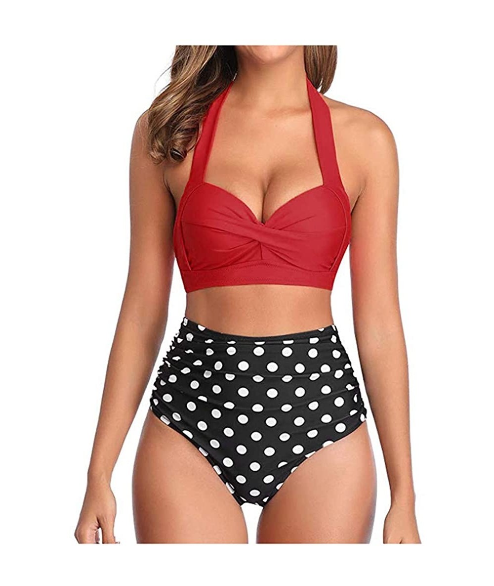 Sets Women Vintage Swimsuit Two Piece Retro Halter Ruched High Waist Print Bikini Set - Red Top Dot - C719429WMUX $81.41