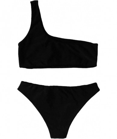 Sets Women's Sexy Bathing Suits One Shoulder Tie Knot Front Bikini Swimsuit - Black - CI18MDM3C7I $44.78