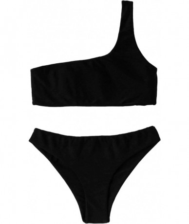 Sets Women's Sexy Bathing Suits One Shoulder Tie Knot Front Bikini Swimsuit - Black - CI18MDM3C7I $44.78