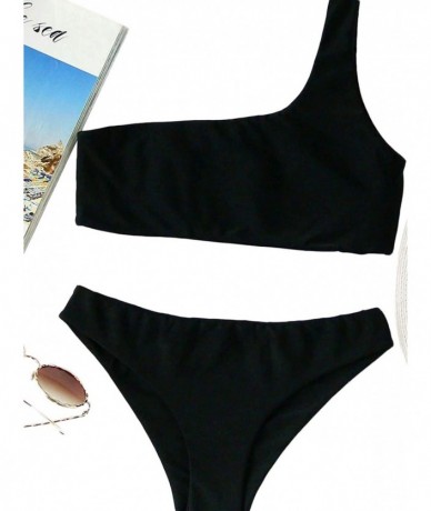 Sets Women's Sexy Bathing Suits One Shoulder Tie Knot Front Bikini Swimsuit - Black - CI18MDM3C7I $44.78