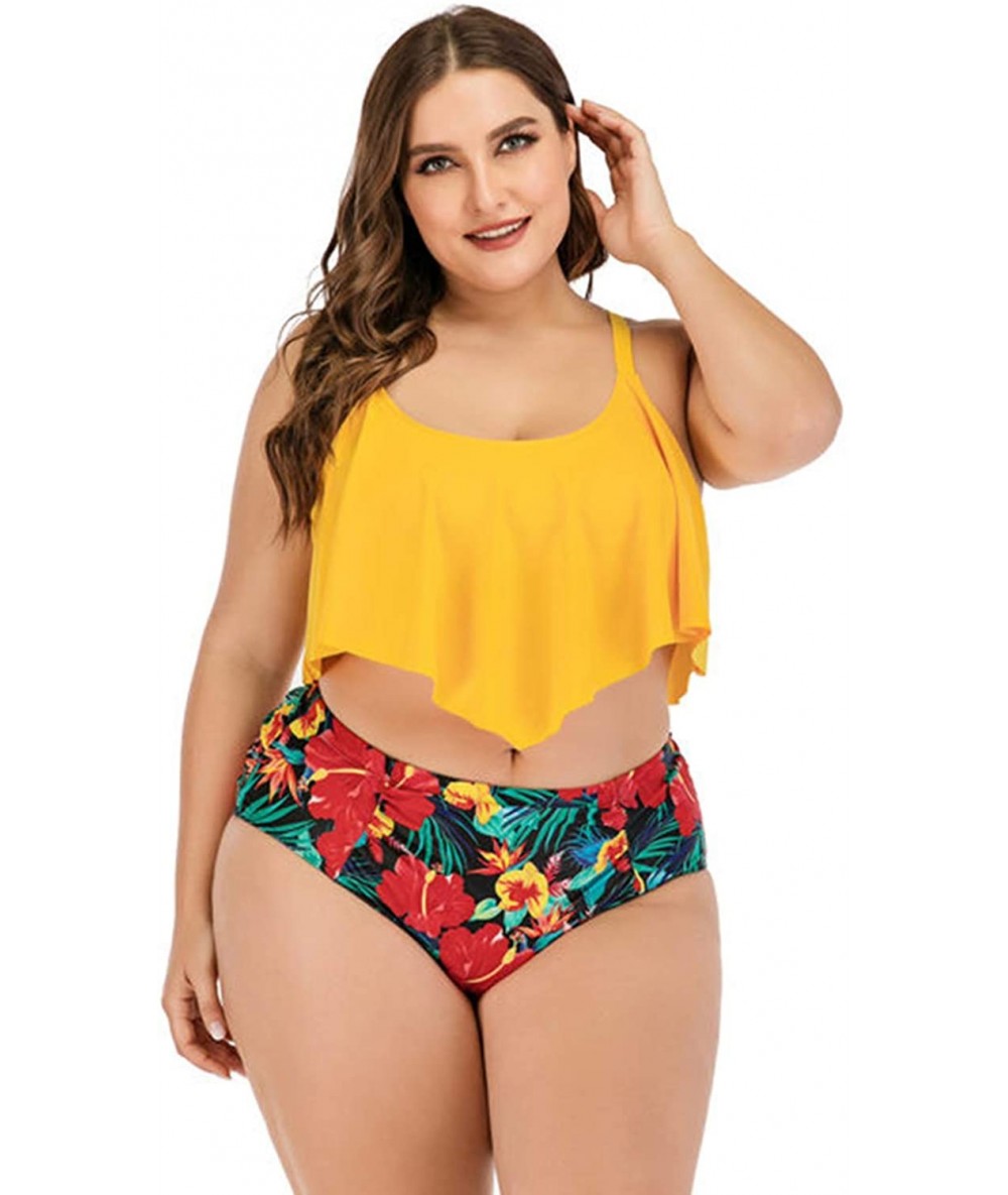 Sets Plus Size Swimwear Two Pieces Swimsuit Flounce Top with High Waist Bikini - Yellow - C519GZR487O $53.92