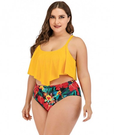 Sets Plus Size Swimwear Two Pieces Swimsuit Flounce Top with High Waist Bikini - Yellow - C519GZR487O $53.92