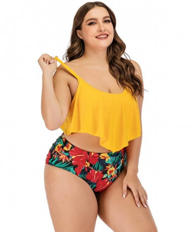 Sets Plus Size Swimwear Two Pieces Swimsuit Flounce Top with High Waist Bikini - Yellow - C519GZR487O $53.92