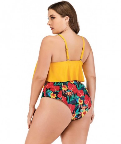 Sets Plus Size Swimwear Two Pieces Swimsuit Flounce Top with High Waist Bikini - Yellow - C519GZR487O $53.92