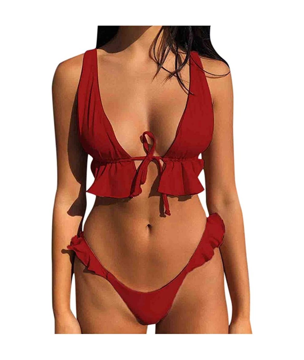 Sets Womens Vintage Two Piece Bathing Suits Ruffled Sexy Lace Up Thong Swim Bottoms Padded Bikini Set Swimsuits Swimwear - 1-...