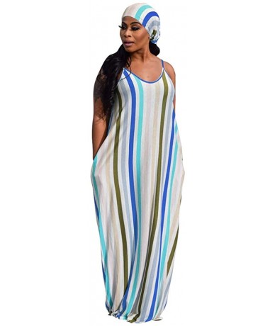 Cover-Ups Women's Tie Dye Sundress Baggy Fit Striped Sexy Spaghetti Straps Casual Boho Maxi Dress with Pockets - C-blue - C81...