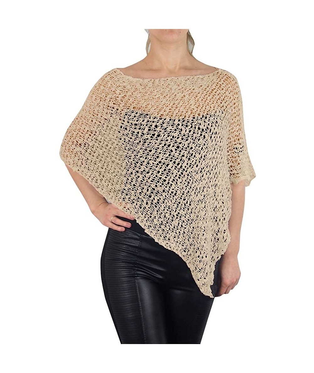 Cover-Ups Ladies Popcorn Crochet Stretch Lace Fish Net Batwing Small Poncho - Cream - CW18R43D2D2 $48.98