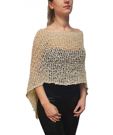 Cover-Ups Ladies Popcorn Crochet Stretch Lace Fish Net Batwing Small Poncho - Cream - CW18R43D2D2 $48.98