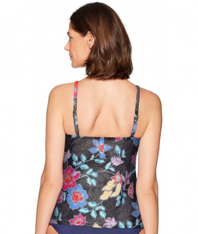 Tops Women's High Neck Adjustable Neckline Tankini Swimsuit Top - Black//Folk Garden Patch - CK18ZQ0T526 $80.53