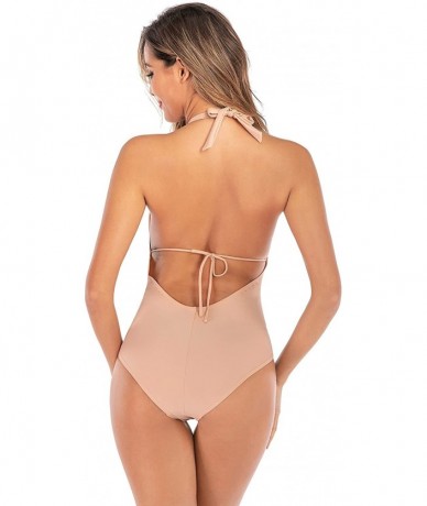 One-Pieces Women Vintage Tummy Control Swimwear V Neck Backless one Piece Swimsuit - Nude - CA192KXK603 $56.06