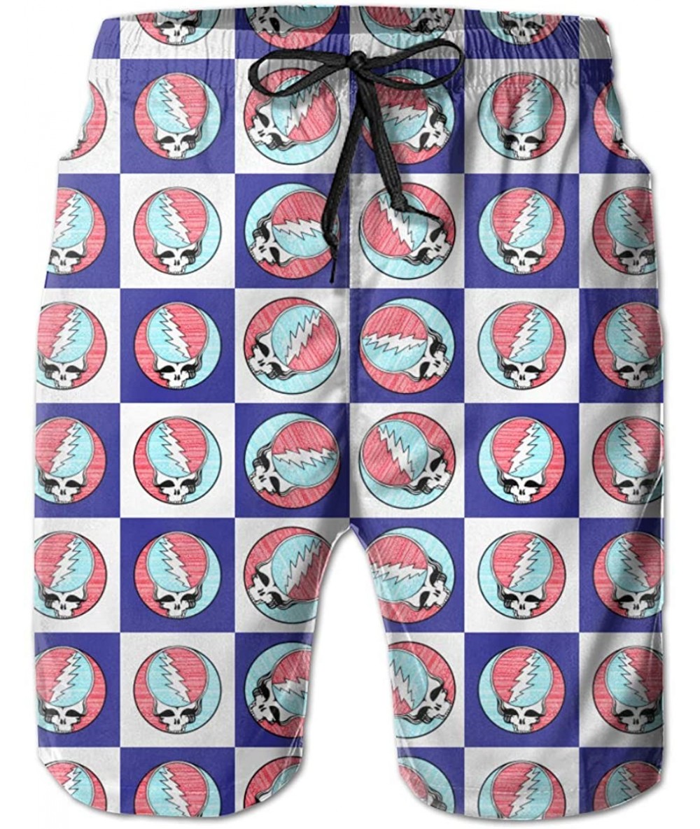 Board Shorts Men's Grateful-Dead Skulls Blue White Checkered Flag Quick Dry Board Shorts - Grateful Dead C - C6190SWMTYA $43.44