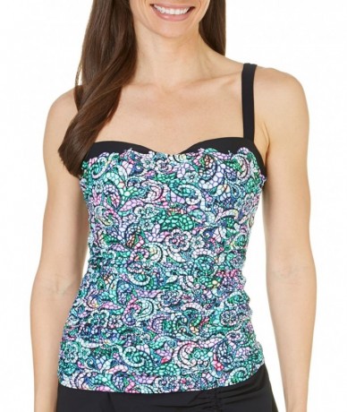 Tankinis Women's Printed Lettuce Ruffle Sweetheart D-Cup Tankini Top Swimsuit - Vitrage Multi - CE11QLNKUC5 $56.61