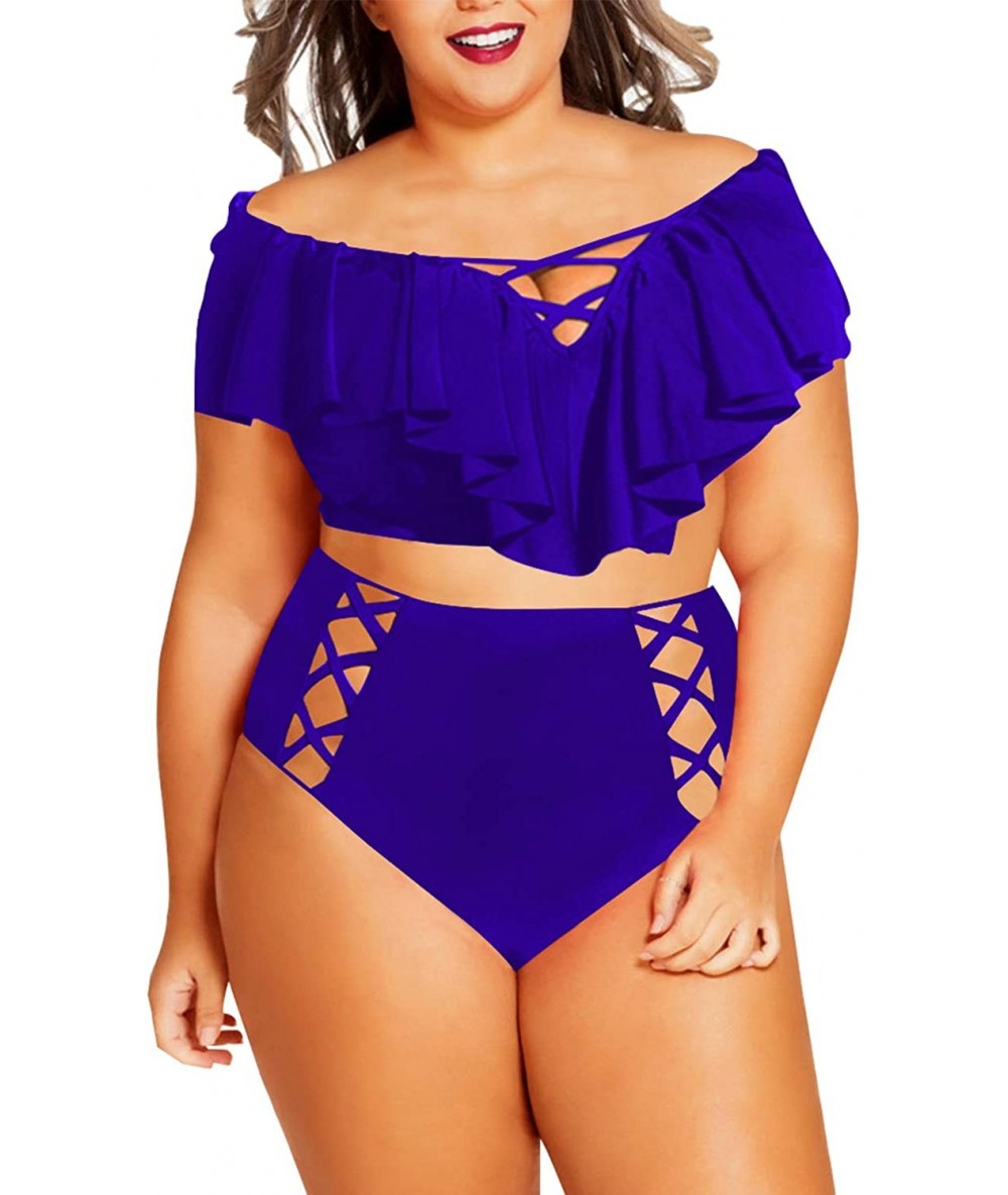 Tankinis Women's Plus Size Swimwear 2 Piece High Waisted Swimsuit Ruffle Bikini - Royal Blue - CF18CQXSYYC $45.14